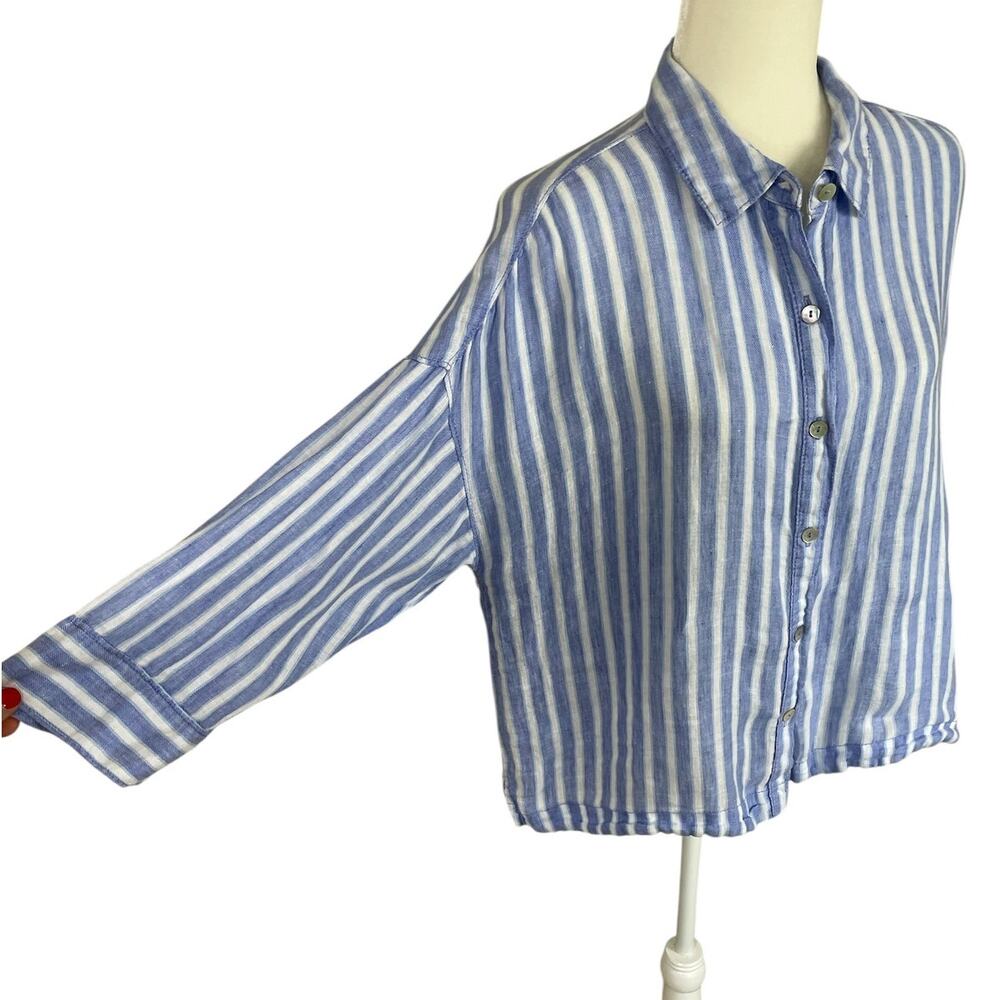 Sigrid Olsen 100% Linen Striped Button Front Blouse Sz Large Coastal Nautical - Picture 6 of 10